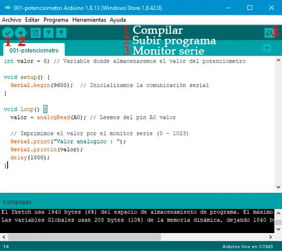 IDE arduino para compilar y subir el código a la placa de Arduino
