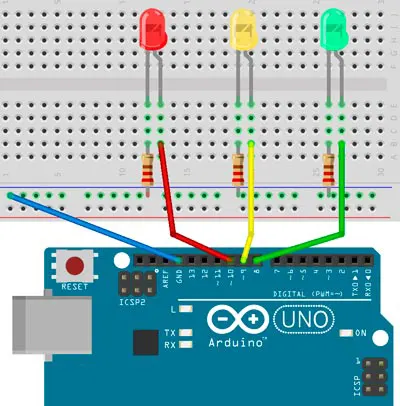 Esquema para el montaje de un semáforo sencillo para Arduino