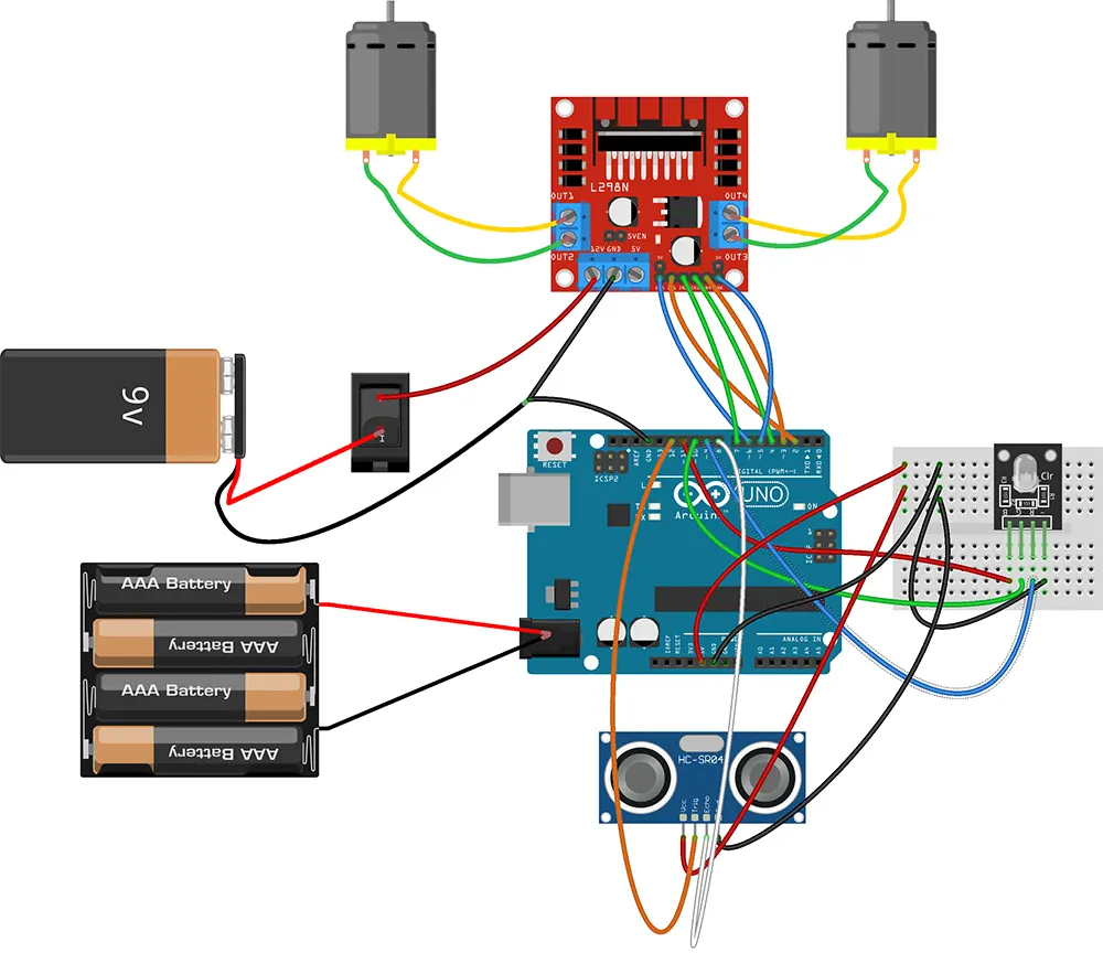 Esquema del robot para Arduino, el controlador de motores, sensor de distancia y modulo Led RGB