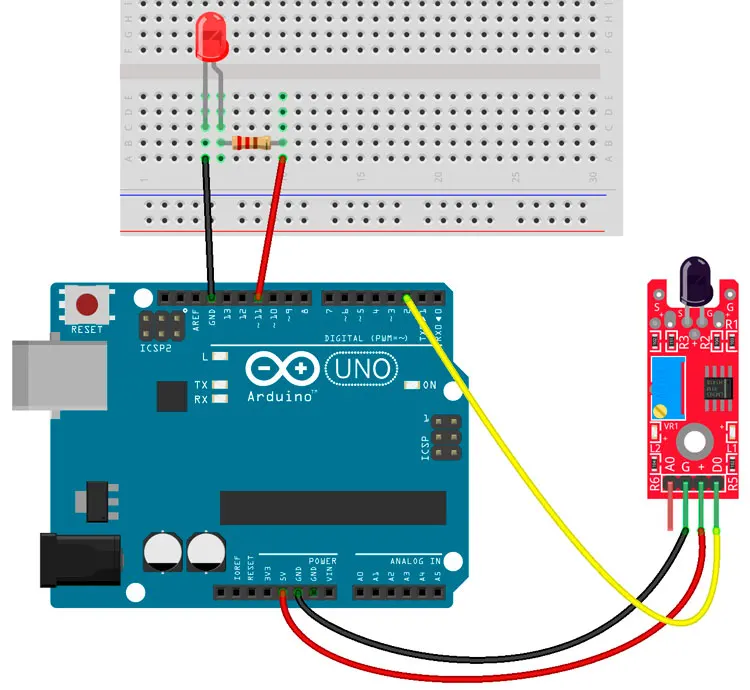 Esquema de conexión de Arduino con el sensor KY-026 para encender un LED al detectar fuego