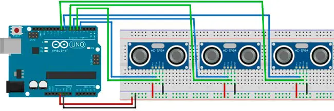 Esquema de conexión de 3 sensores HC-SR04 con la placa Arduino